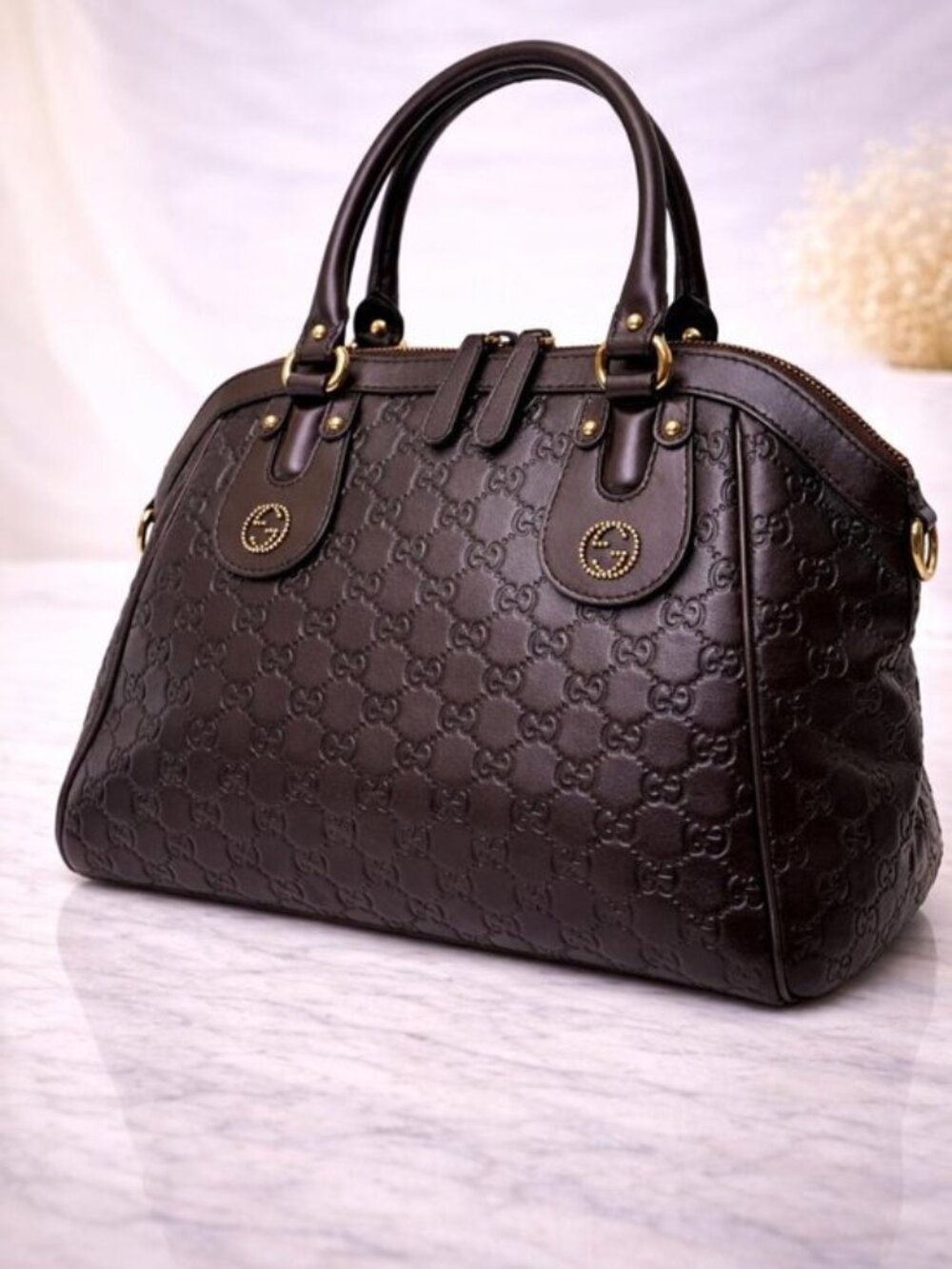 Authentic Gucci Guccissima Leather Boston Bag Brown GG Monogram Satchel Luxury